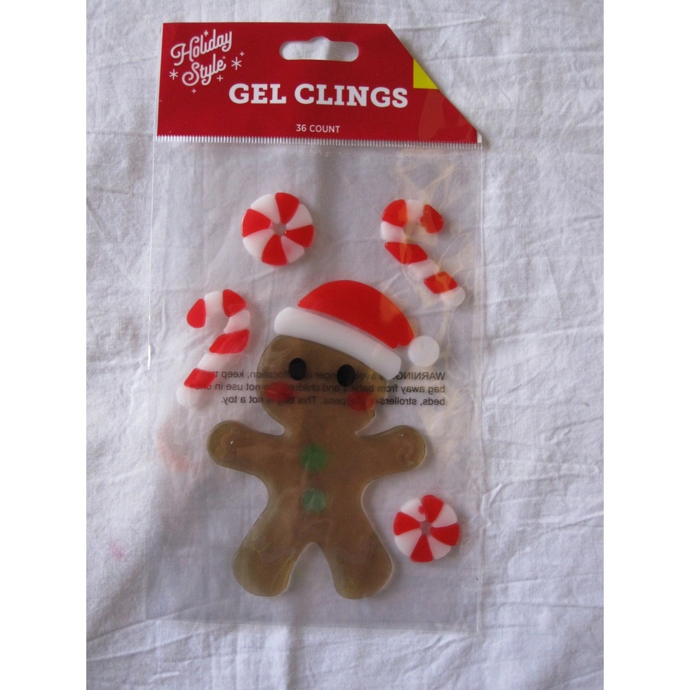 NEW Christmas Winter Gingerbread‎ Man Candy Canes Window Gel Clings Decor 36 ct